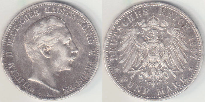1907 A Germany Prussia silver 5 Mark A001001